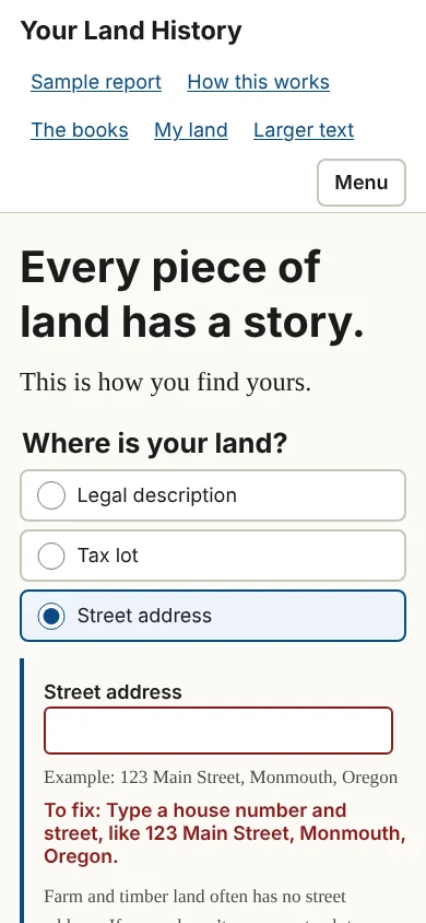 Figure 1.7. The street-address box on a phone, sent empty. The message beside the box says how to fix it, and the warning about farm and timber land sits just below.