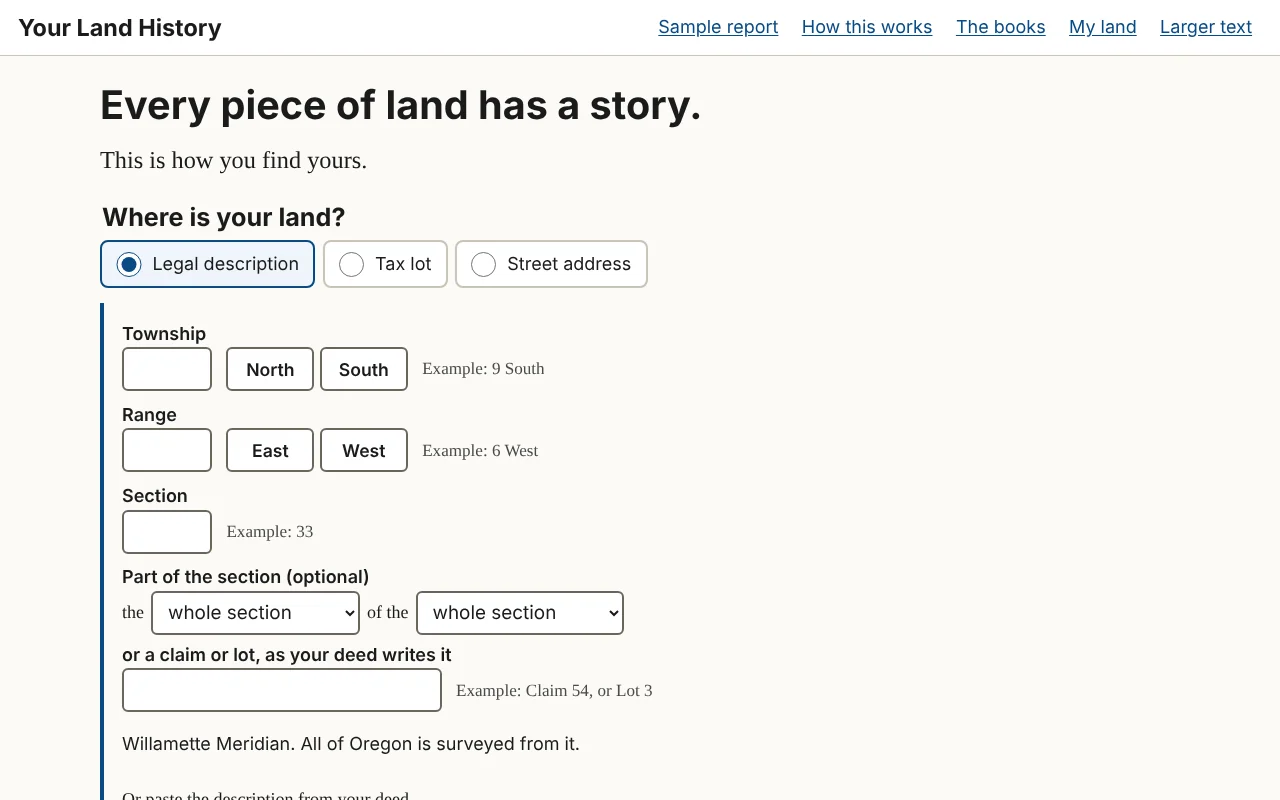 Figure 1.1. The front page on a wide screen. The question, the three ways in and the open legal-description boxes fit on the first screen, with the map line and the sample link just below.