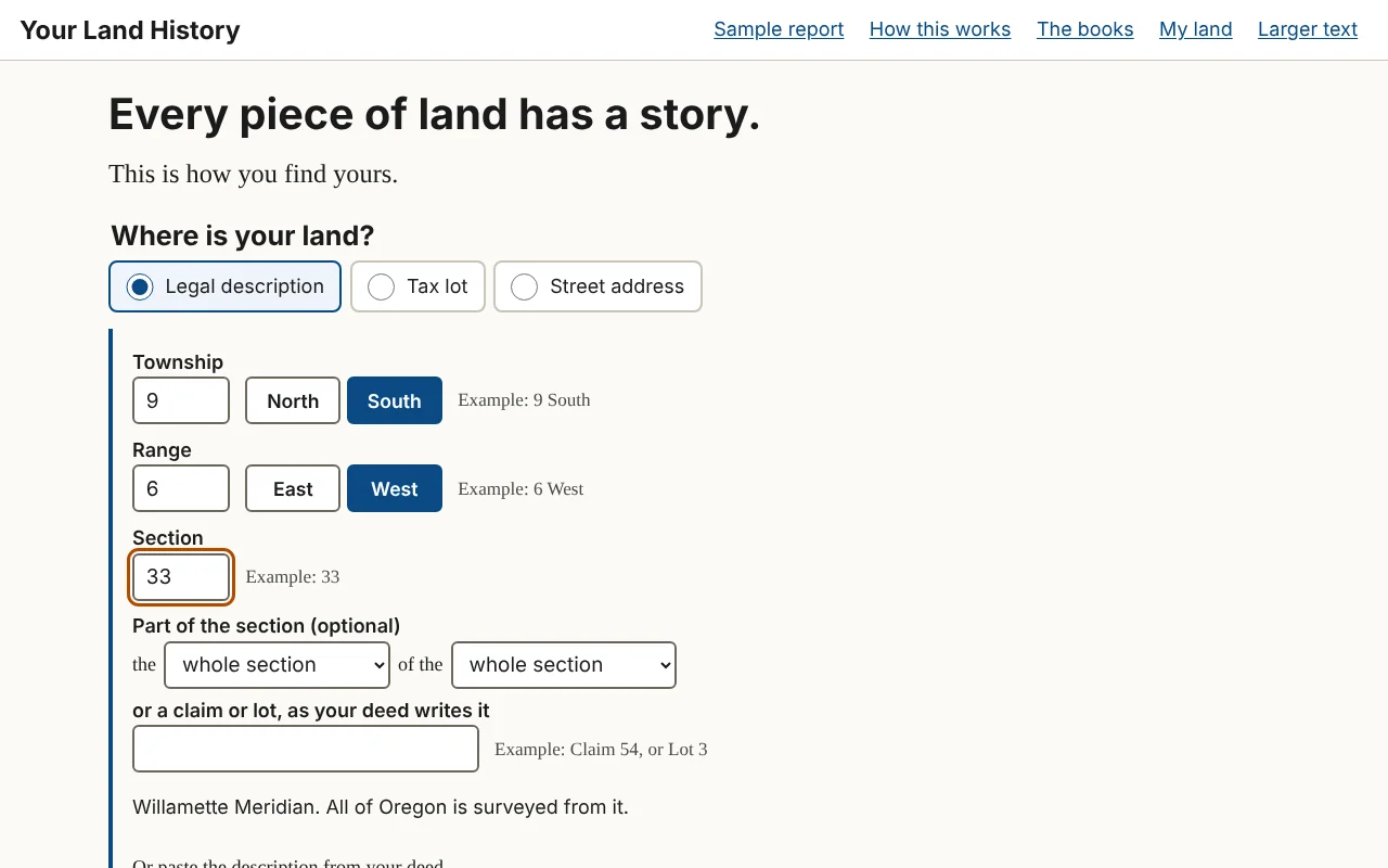 Figure 1.3. The legal-description box filled in for Section 33, Township 9 South, Range 6 West, the sample farm's main section. North, South, East and West are touched, not typed.