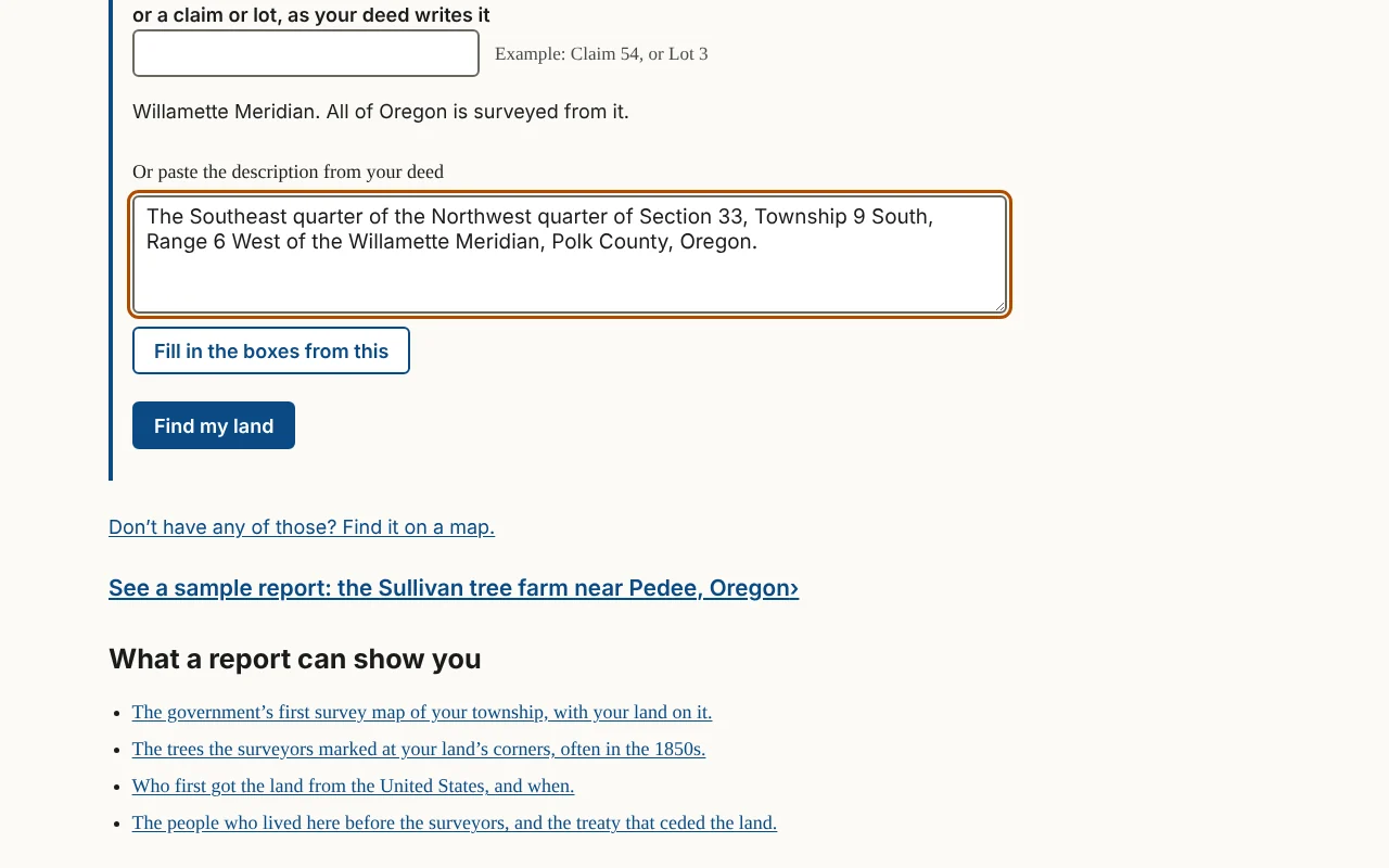 Figure 1.4. "Or paste the description from your deed," opened, with a deed's description typed in. Fill in the boxes from this copies its numbers into the boxes above, for you to check.