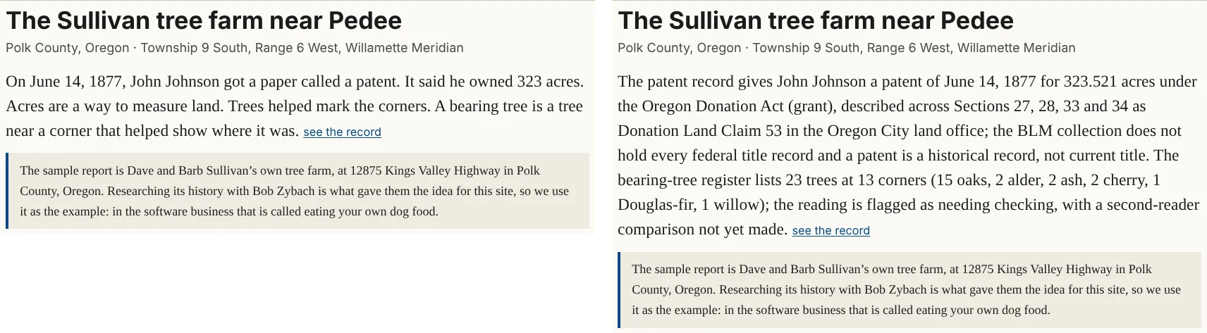 Figure 18.2. The opening of the sample report written for Kids (left) and for Experts (right). The facts and the records behind them are the same.