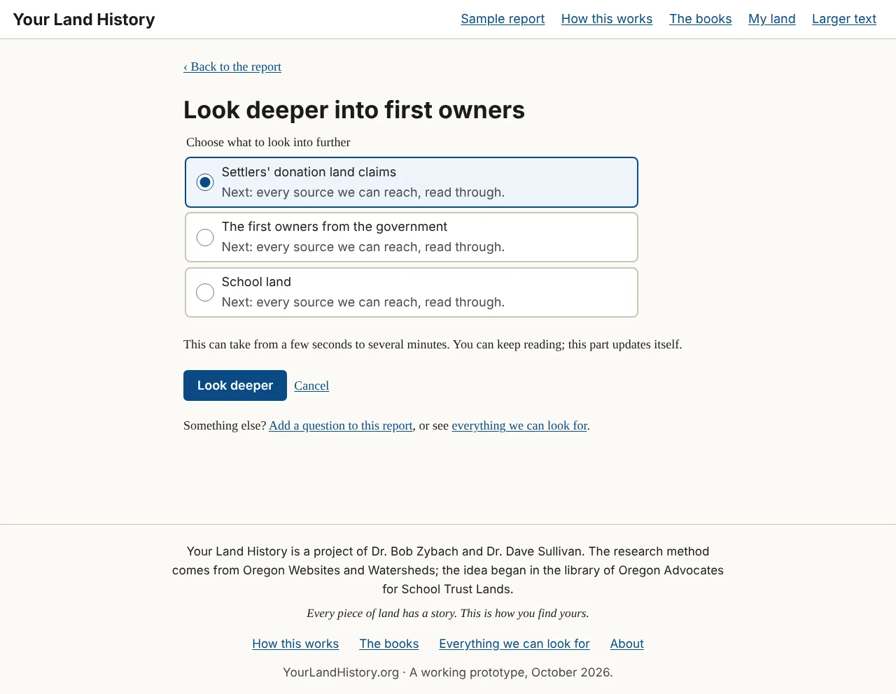 Figure 19.1. "Look deeper into first owners," for the area history of Section 33 made for this manual. Each topic says what a deeper search adds; the page makes no promise about what will be found.