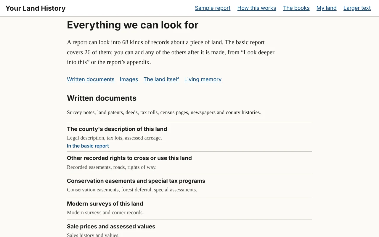 Figure 20.1. "Everything we can look for," grouped by the four kinds of evidence. Each topic carries one line on what it tells you.