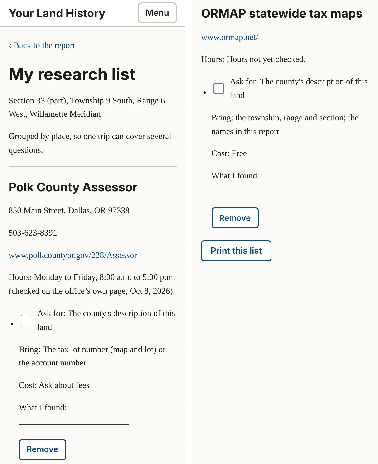 Figure 21.1. My research list on a phone, for the area history made for this manual: the top of the list (left) and its last place (right). Errands are grouped by place, with hours, what to ask for, what to bring and a line for what you found.